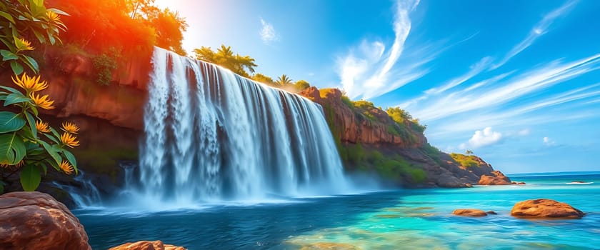 A majestic waterfall cascades down a red cliff, its milky white water creating a dreamy, ethereal effect. The water pools into a turquoise lagoon, surrounded by smooth, rust-colored rocks, under a sky painted with wispy white clouds and bathed in the golden glow of the setting sun.
