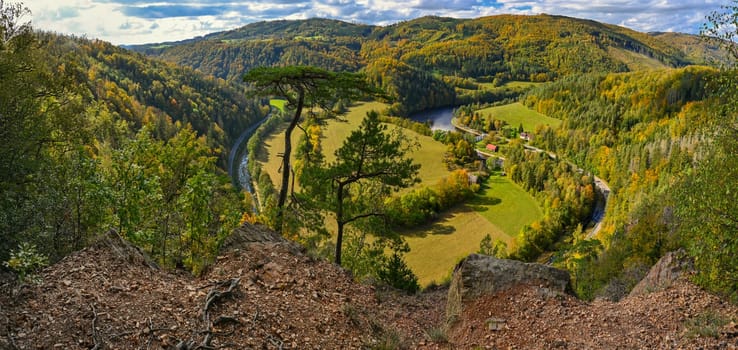 Beautiful autumn panorama landscape. Natural colorful background. Colorful autumn atmosphere in nature Czech Republic - Europe.
