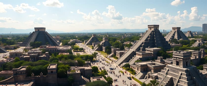 An aerial view of a meticulously recreated ancient city, showcasing its grand architecture and intricate details. The towering pyramids, lined with cascading steps, create a sense of awe and mystery. A vibrant throng of people meanders through the city, adding a lively touch to the otherwise solemn atmosphere.