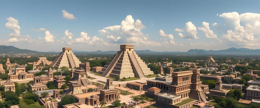 A sprawling, ancient city basks under a vibrant blue sky dotted with fluffy white clouds. Majestic pyramids, their stone steps reaching towards the heavens, dominate the skyline, while surrounding buildings whisper tales of a forgotten civilization. The city's timeless architecture, nestled amongst verdant trees, creates a captivating scene that evokes a sense of wonder and mystery.