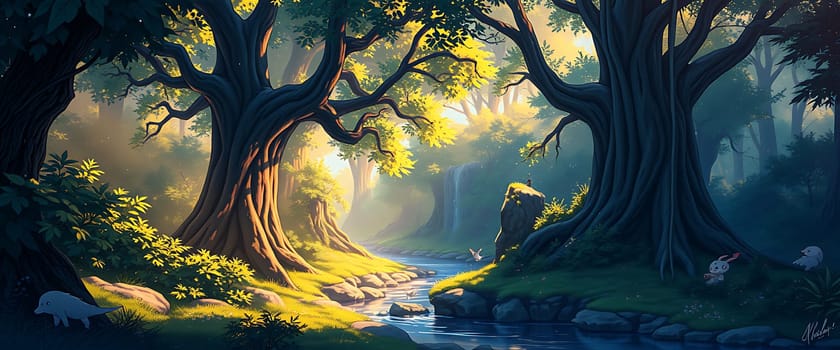 Sunlight filters through the lush canopy of a mystical forest, illuminating a winding stream that flows through the heart of the woods. Whimsical creatures and a sense of tranquility paint a scene of magical wonder, inviting viewers to step into this enchanting realm.