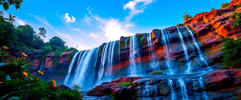 A dramatic waterfall cascades down vibrant red rocks, the water a blur of motion, its turquoise hue contrasting against the fiery stone. The bright blue sky with wispy clouds and pops of yellow wildflowers in the foreground complete the scene, creating a sense of wonder and tranquility.