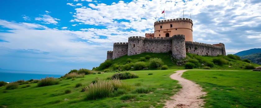 A majestic castle stands proudly atop a verdant hill overlooking a serene ocean, its imposing stone walls and tower reaching for the fluffy white clouds in a vast blue sky. A winding path invites you to explore the ancient grounds, promising a journey through time and a breathtaking view of the surrounding landscape.