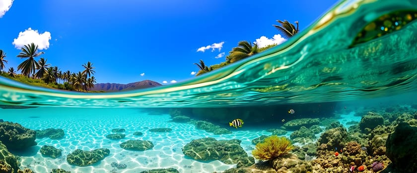 The scene captures a serene underwater paradise with vibrant turquoise water. The viewer's perspective is split between the surface with lush palm trees and a captivating view of the ocean floor. The sunbeams create a mesmerizing dance of light as they penetrate the crystal-clear water, illuminating the vibrant coral reefs teeming with colorful fish.