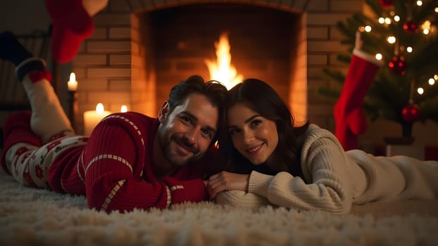 A festive fireplace decorated with candles, stockings, and garlands of pine sets a cozy scene. On the plush rug in front, a couple in comfortable pajamas relaxes, soaking in the warmth of the season
