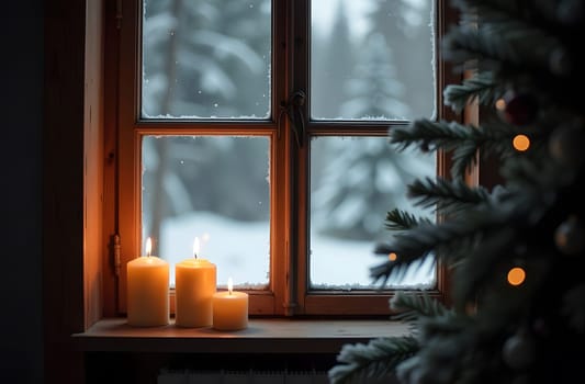 The soft flames of three candles light up a rustic windowsill, overlooking a snow-covered forest. In the corner of the room, a decorated Christmas tree adds a touch of holiday magic to the serene winter scene