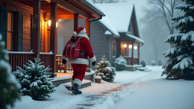Santa in a red suit with white fur steps onto the porch of a snow-laden house, carrying a massive sack of gifts. Snowflakes fall softly onto his shoulders, adding to the festive atmosphere of this winter wonderland