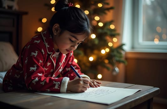 An Indian child reclines comfortably, thoughtfully writing a letter to Santa Claus, filled with heartfelt wishes for Christmas. The cozy setting is adorned with festive decorations, creating a warm and cheerful atmosphere