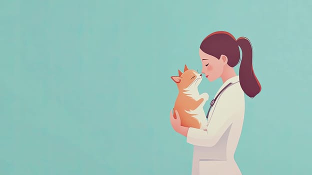 A veterinarian cradles a small cat while sharing a tender moment. The brightly colored clinic background enhances the warm atmosphere of this joyful interaction, highlighting their bond.