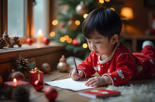A Chinese child focused and excited, writing a heartfelt letter to Santa Claus, expressing wishes and dreams for Christmas. The scene is filled with colorful holiday decorations, creating a cozy festive atmosphere.