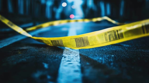 In a dimly lit urban area at night, yellow police tape is seen across a deserted street, suggesting a recent investigation or incident. The surrounding environment is shrouded in shadows.