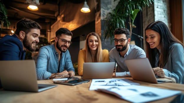 A group of young professionals engages in a brainstorming session, sharing ideas and working together at a wooden table in a well-lit, modern office environment.