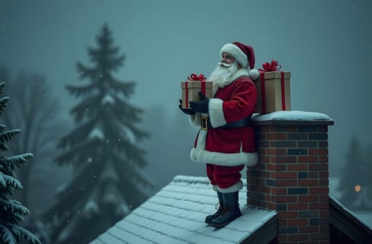 With a twinkling starry sky above, Santa balances on a snowy roof, his oversized sack overflowing with presents, ready to slide down the chimney and spread holiday cheer