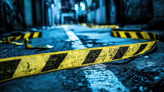 Yellow caution tape stretches across a dark alley in an urban area, signaling danger. Water drips and the ground shows signs of neglect, creating a tense atmosphere late at night.