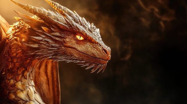 The dragon with shimmering scales and intense golden eyes sits proudly. Its wings are slightly spread, giving an impression of power, while the fiery backdrop creates an enchanting atmosphere.