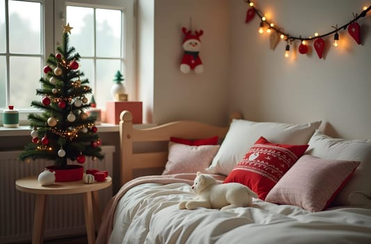 A quaint children's room features a tiny Christmas tree, beautifully decorated with bright ornaments and garlands on a little table. The bed is filled with cuddly stuffed animals and cheerful holiday pillows, enhancing the cozy vibe