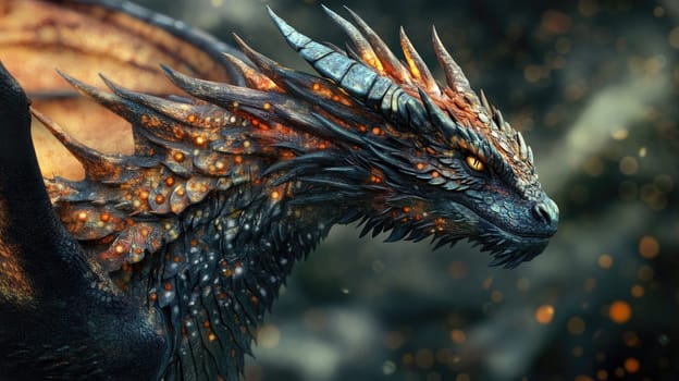 A magnificent dragon with shimmering scales and piercing eyes glides majestically over a twilight landscape, its powerful wings creating a sense of awe in the air.