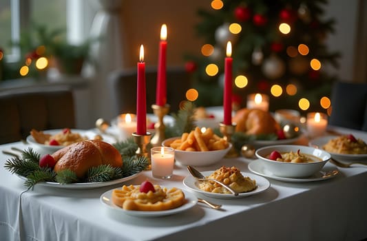 This elegant dining table is draped in a snow-white tablecloth and decorated with sparkling gold and red candles, alongside fresh Christmas branches. The spread of mouthwatering dishes promises a delightful holiday celebration