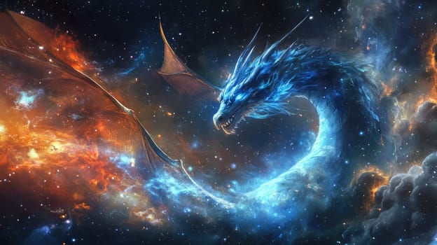 A majestic blue dragon soars through a vivid cosmic expanse, surrounded by swirling clouds of gas and dazzling stars, creating a magical atmosphere full of mystery and wonder in the galaxy.