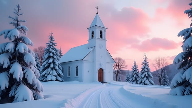 A pristine white church with a tall bell tower stands majestically, surrounded by snow-covered fir trees. The backdrop features a soft pink sky at sunset, creating a serene and peaceful winter scene