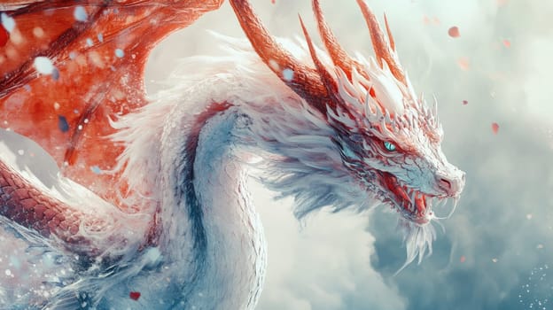 A powerful dragon, adorned with shimmering white and red scales, gracefully soars above a dreamlike landscape filled with soft clouds and gently falling flower petals, creating an enchanting vibe.