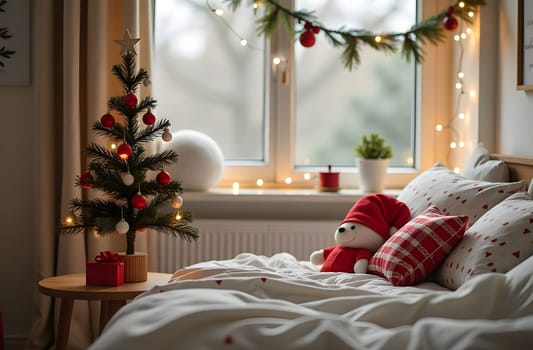 In a cozy children's room, a small Christmas tree adorned with colorful ornaments and garlands stands on a little table. Soft toys and festive pillows are scattered across the bed, creating a warm holiday atmosphere