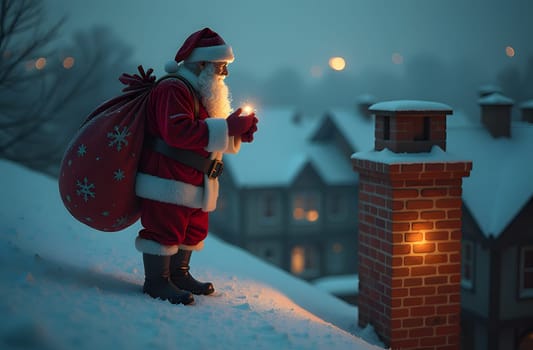 Santa Claus stands on a snowy rooftop next to a chimney, holding a large sack filled with colorful gifts, preparing to deliver presents to eager children below