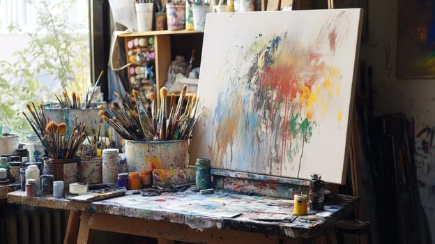 The workspace features a large canvas covered in vibrant colors, surrounded by various paintbrushes and jars. The sunlight streams in, illuminating the creative clutter.