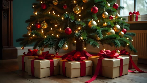 A grand Christmas tree, embellished with elegant gold and deep red ornaments, fills the room with holiday cheer. Beneath the tree, beautifully wrapped gifts in bright ribbons create a joyful and festive setting