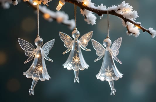 Elegant glass angel figurines hang from a Christmas tree branch illuminated by gentle white lights and adorned with sparkling snowflakes. The scene exudes a sense of serenity and holiday magic