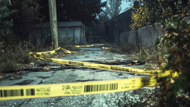 A narrow, cracked pathway is surrounded by tall grass and weeds, marked by bright yellow police tape. Nearby, dilapidated buildings loom under a cloudy sky, evoking a sense of abandonment.