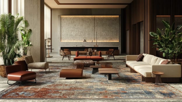 A spacious living area showcases a blend of modern furniture and inviting decor. Warm earthy tones complement stylish seating arrangements and vibrant indoor plants, creating a tranquil atmosphere.