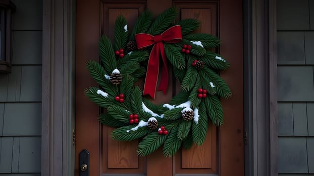 The wooden door of an old countryside house displays a festive green wreath with bright red ribbons and pinecones. A thin layer of snow delicately covers the wreath, enhancing its holiday appeal