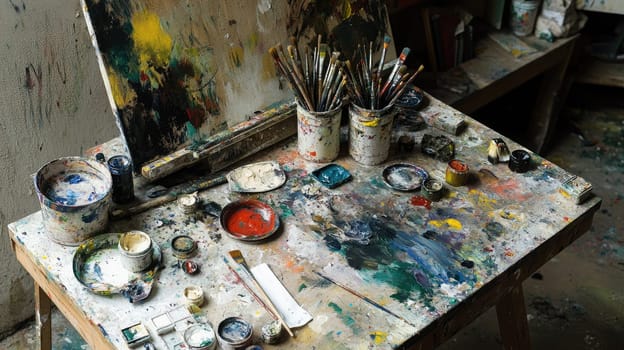 The workspace features a cluttered table filled with vibrant paint tubes, brushes, and palettes, showcasing an artist's creative process in a bright studio.