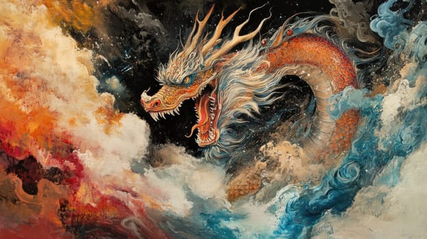 A powerful dragon with an intricate design rises from colorful clouds, showcasing its fierce expression against a dramatic sky filled with hues of orange, blue, and black.