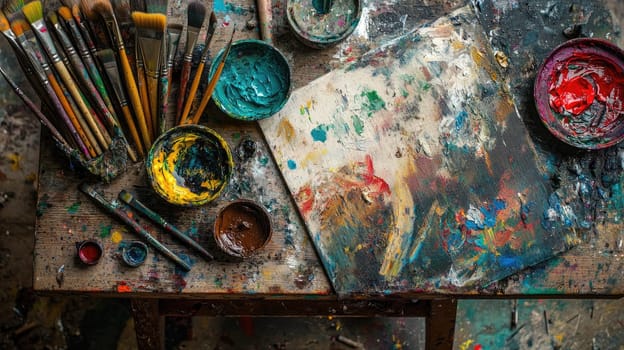 On a wooden table, various paintbrushes, pots of vibrant paint, and a canvas showcase a vibrant artistic process. The disordered arrangement tells a story of creativity and inspiration.