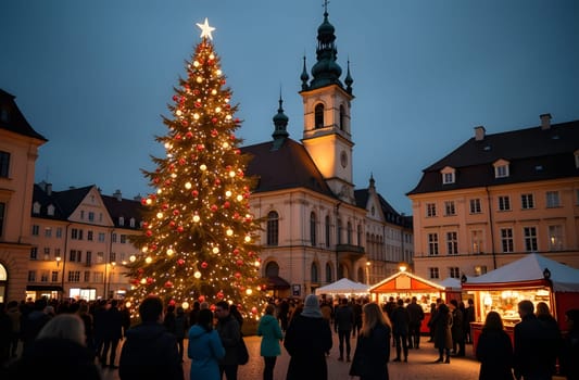 A towering Christmas tree stands majestically in the center of a bustling town square, adorned with bright ornaments and twinkling lights. Crowds gather around a festive Christmas market, enjoying the holiday spirit