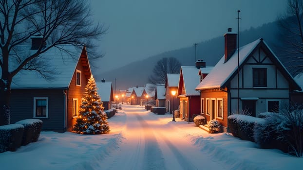 A small village glows with Christmas lights, its streets blanketed in snow. Smoke rises from chimneys, and a beautifully decorated Christmas tree stands in the center of the main square, creating a magical holiday scene
