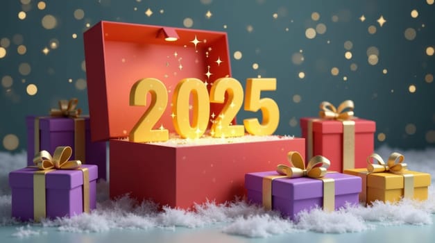 3d rendering of an open gift box with the number 2025 glowing inside, surrounded by other gift boxes on a snowy surface