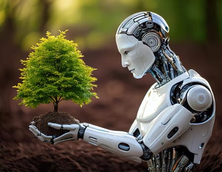 A Greener Future.Robot Arborist.A robot carefully planting a young tree in the soil. The robot's hand is gently cradling the sapling, symbolizing a harmonious coexistence between technology and nature. The image evokes a sense of hope and optimism for a sustainable future, where robots can play a crucial role in environmental conservation and reforestation efforts.