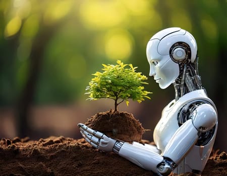 A Greener Future.Robot Arborist.A robot carefully planting a young tree in the soil. The robot's hand is gently cradling the sapling, symbolizing a harmonious coexistence between technology and nature. The image evokes a sense of hope and optimism for a sustainable future, where robots can play a crucial role in environmental conservation and reforestation efforts.