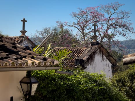 Old church rooftops with crosses stand under a blue sky, accompanied by a blooming tree.