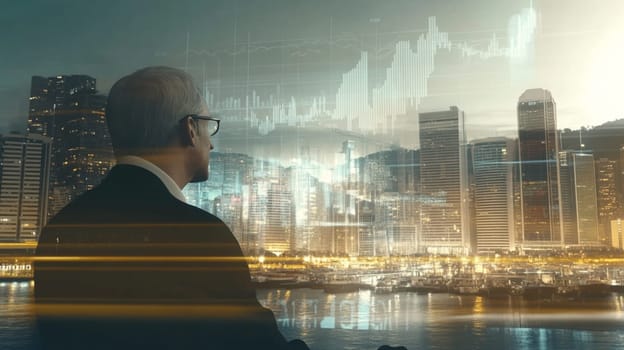 Businessman looking at the skyline of hong kong with stock market charts and data showing growth, concept of investment and finance