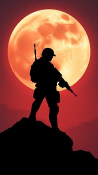 Soldier stands proudly on a hill at night, silhouetted against a glowing moon, embodying courage, honor, and patriotism. The scene symbolizes war's conflicts and hope for peace