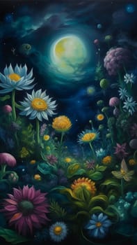 Surreal magical illustration of flowers growing under the moonlight in a fantasy world, with fireflies and planets in the background