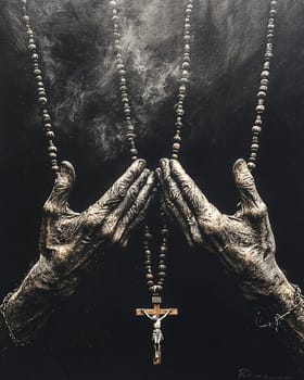 Wrinkled hands holding rosary beads and a crucifix while praying on a dark background, with a ray of light illuminating the smoke