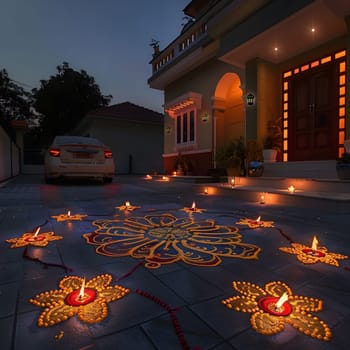 A beautifully decorated home with glowing diya lights and rangoli patterns in front of it during the Diwali festival.