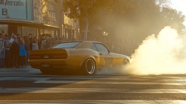 Powerful sports cars race through city streets at sunset, leaving a trail of smoke, thrilling spectators with high speed action
