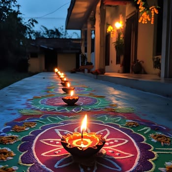 A row of lit diyas (lamps) on a colorful rangoli design, celebrating Diwali, the Hindu festival of lights.