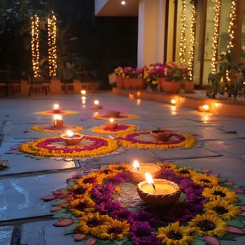 Close-up shot of a Diwali celebration with floral arrangements and candles illuminating the scene.
